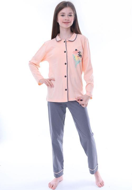 Somon-Füme Çiçek Baskılı Biyeli Düğmeli %100 Pamuk Kız Çocuk Pijama Takımı