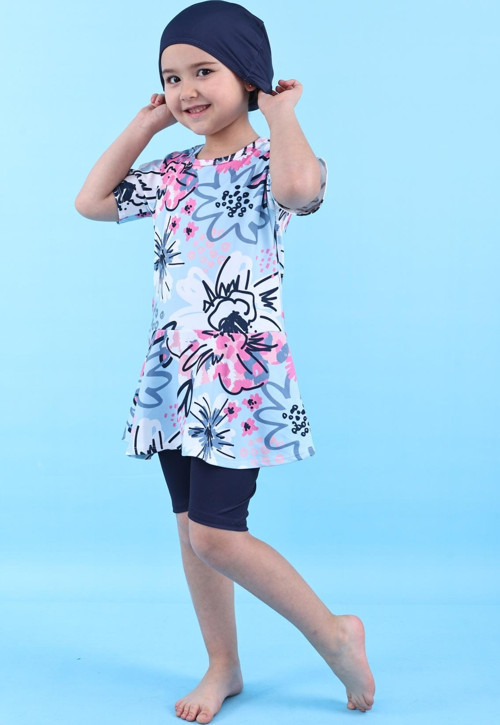 Çiçek Desenli Mavi Kız Çocuk Boneli Mayo Takımı
