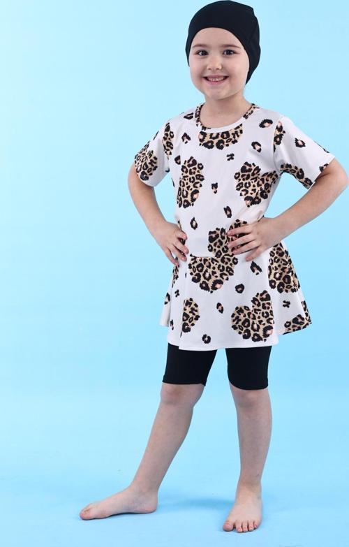 Leopar Desenli Kız Çocuk Boneli Mayo Takımı