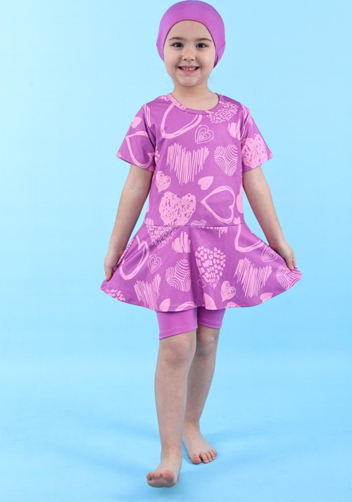 Kalp Desenli Mor Kız Çocuk Boneli Mayo Takımı