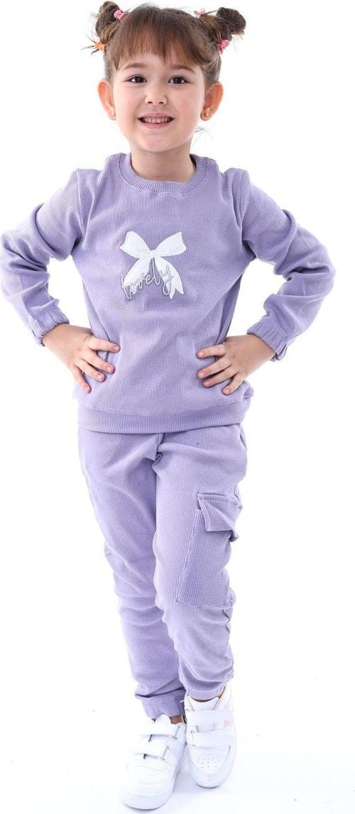 Kaşkorse Fiyonk Nakışlı Kargo Cep Detaylı Kız Çocuk Takımı Lila 3-8 Yaş