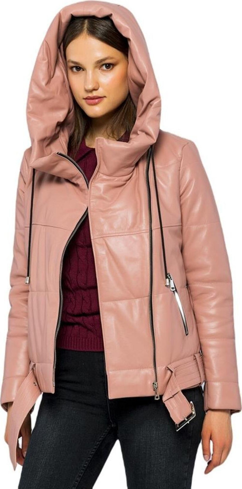 Kadın Kapüşonlu Şişme Hakiki Deri Ceket - Elle Pudra XL