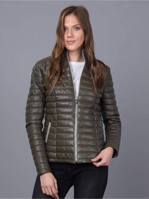 Bayan Haki Deri Ceket Haki L