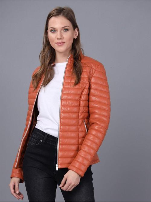 Bayan Turuncu Deri Ceket Turuncu S