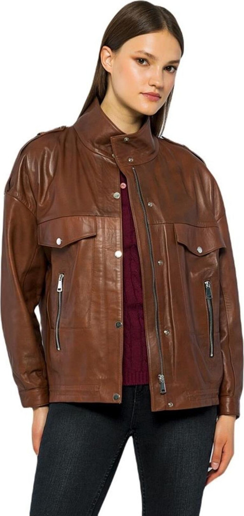 Kadın Hakiki Deri Ceket - Oversize Kestane L-XL