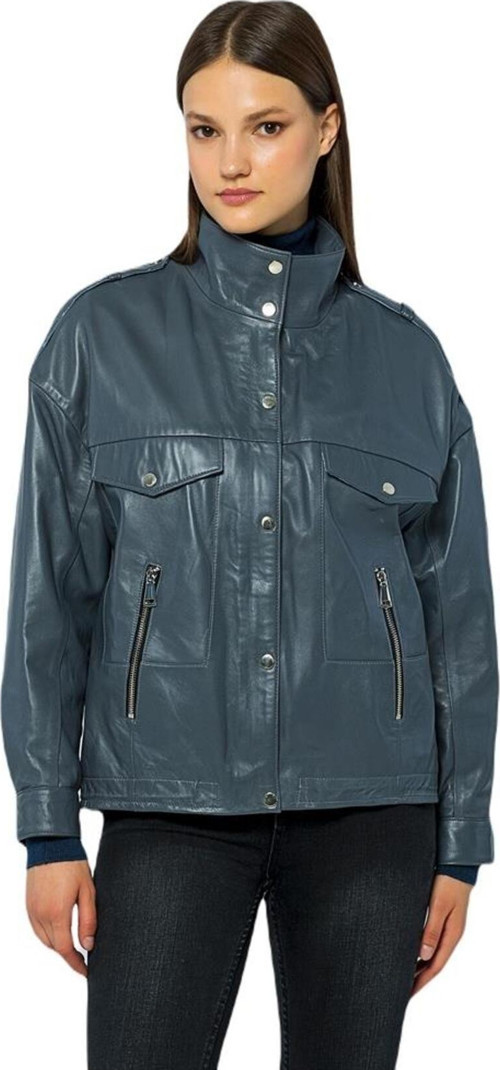 Kadın Hakiki Deri Ceket - Oversize Gri S-M