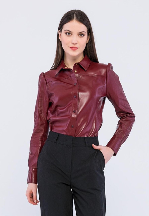 Kadın Hakiki Deri Gömlek Sh01 Bordo 2XL