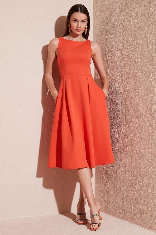 Bisiklet Yaka Regular Fit Cepli Pileli Midi Bayan Elbise 6051963 ORANJ