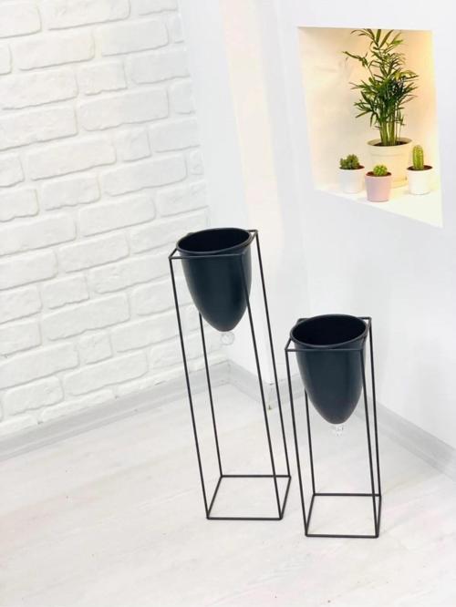 2'li Metal Ayaklı Saksı Çiçeklik Kare Siyah