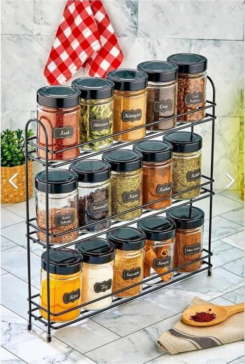 3 Katlı Büyük Metal Standlı 15'li Cam Baharatlık Seti 350 ml Etiketli Kavanoz Takımı