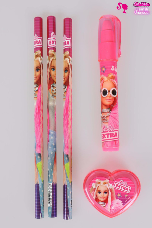 DEKOMUS İLE LİSANSLI BARBIE 3 ADET KURŞUN KALEM,ROKET SİLGİ VE KALPLİ Kalemtıraş SETİ
