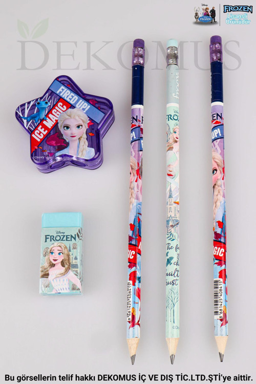 LİSANSLI ELSA FROZEN 3 ADET SİLGİLİ KURŞUN KALEM,YILDIZ Kalemtıraş VE SİLGİ SETİ