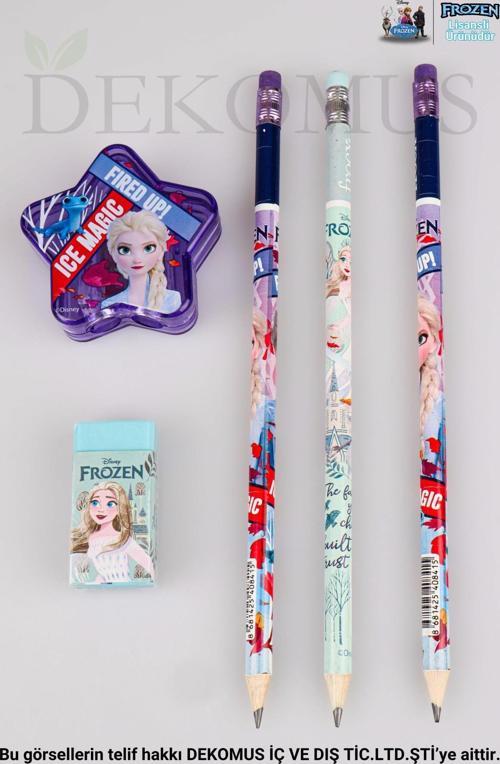 LİSANSLI ELSA FROZEN 3 ADET SİLGİLİ KURŞUN KALEM,YILDIZ Kalemtıraş VE SİLGİ SETİ
