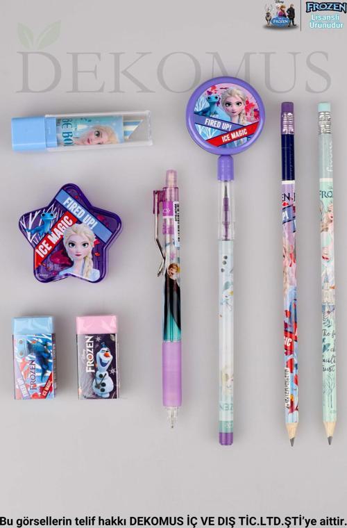 LİSANSLI ELSA FROZEN 9 PARÇA KIRTASİYE SETİ LABİRENT FİGÜRLÜ VERSATİL UÇLU KALEM,2 ADET SİLGİLİ KURŞUN KALEM,RUJ SİLGİ,K
