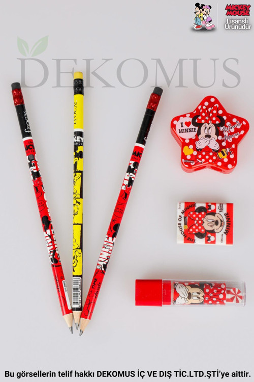 DEKOMUS İLE LİSANSLI MINNIE MOUSE 3 ADET SİLGİLİ KURŞUN KALEM,RUJ SİLGİ VE YILDIZ Kalemtıraş SETİ