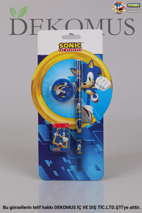DEKOMUS İLE LİSANSLI SONIC 3'LÜ KIRTASİYE SETİ KURŞUN KALEM,SİLGİ VE Kalemtıraş