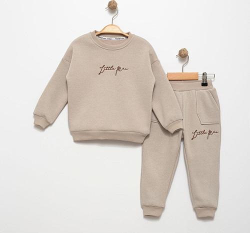Erkek Çocuk Sweatshirt Jogger Takım Little Man Nakışlı 2-3-4-5 Yaş Pamuklu Şardonlu 3 İp Fv-15917 Taş 3 Yaş