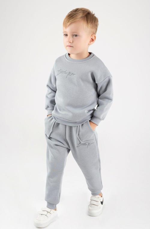 Erkek Çocuk Sweatshirt Jogger Takım Little Man Nakışlı 2-3-4-5 Yaş Pamuklu Şardonlu 3 İp Fv-15917 Gri 4 Yaş