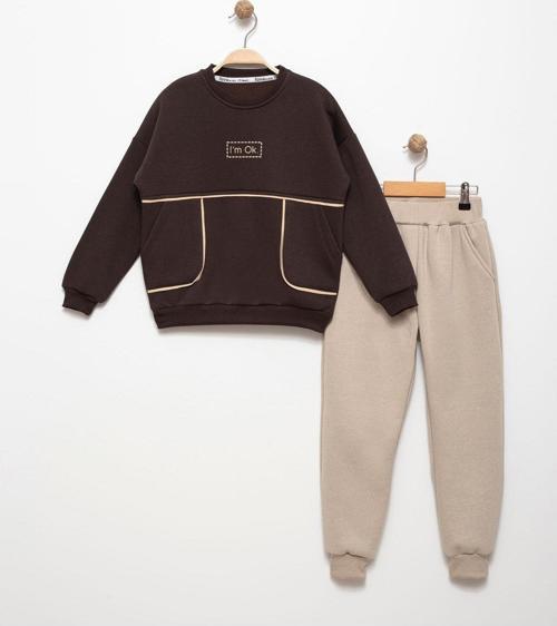 Erkek Çocuk 6-7-8-9 Yaş Pamuklu Şardonlu 3 İp Sweatshirt Jogger Takım I'M Ok Baskılı Kahverengi 6 Yaş
