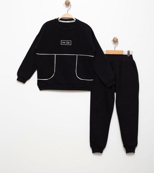 Erkek Çocuk 6-7-8-9 Yaş Pamuklu Şardonlu 3 İp Sweatshirt Jogger Takım I'M Ok Baskılı Siyah 6 Yaş