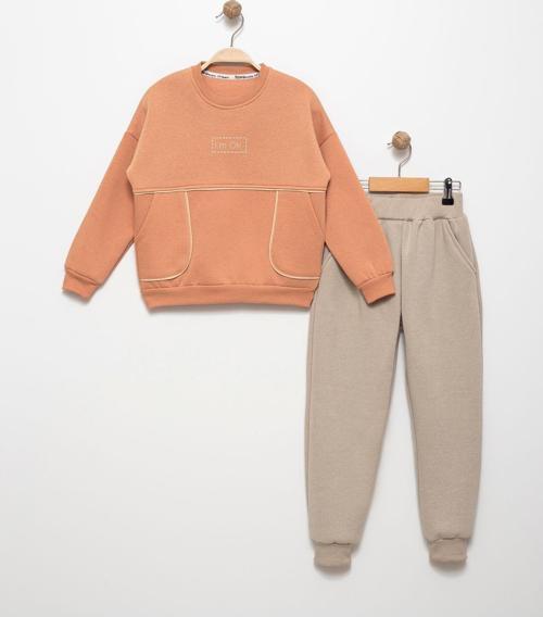 Erkek Çocuk 6-7-8-9 Yaş Pamuklu Şardonlu 3 İp Sweatshirt Jogger Takım I'M Ok Baskılı Kiremit 9 Yaş