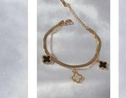 Çelik Gold Renk Mineli Yonca Model Çift İtalyan Zincirli Bileklik 