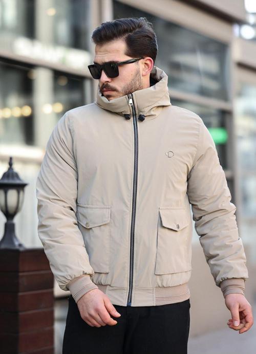 Elyaf Dolgulu Kapüşonlu Erkek Kışlık Mont Krem