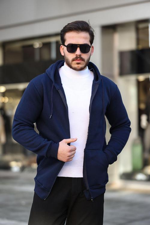 3 İplik Fermuarlı Pamuklu Sweatshirt Lacivert