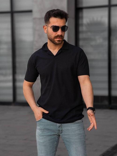 Burgu Desen Polo Yaka Erkek Tişört Siyah