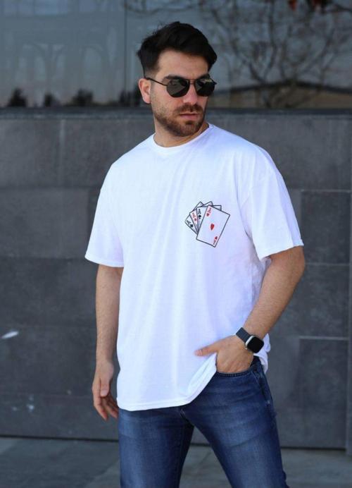 Baskılı Erkek Oversize Tişört Beyaz İskambil