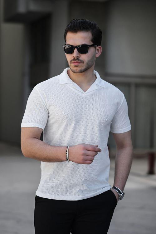 Burgu Desen Polo Yaka Erkek Tişört Beyaz