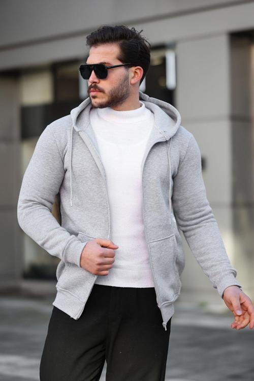 3 İplik Fermuarlı Pamuklu Sweatshirt Gri