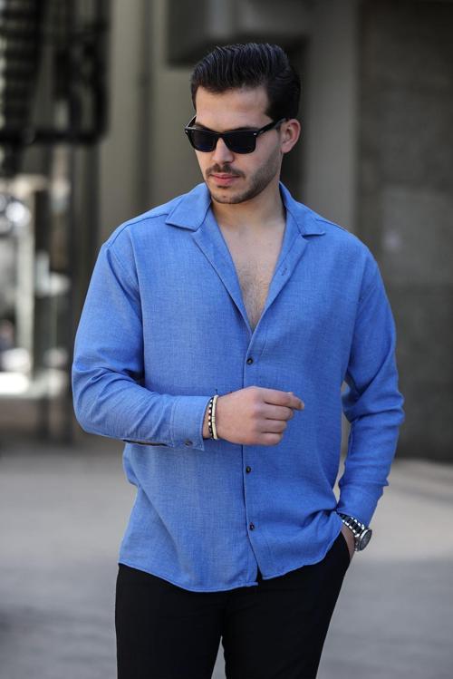 Cepsiz Keten Erkek Gömlek Mavi