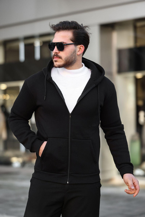 3 İplik Fermuarlı Pamuklu Sweatshirt Siyah