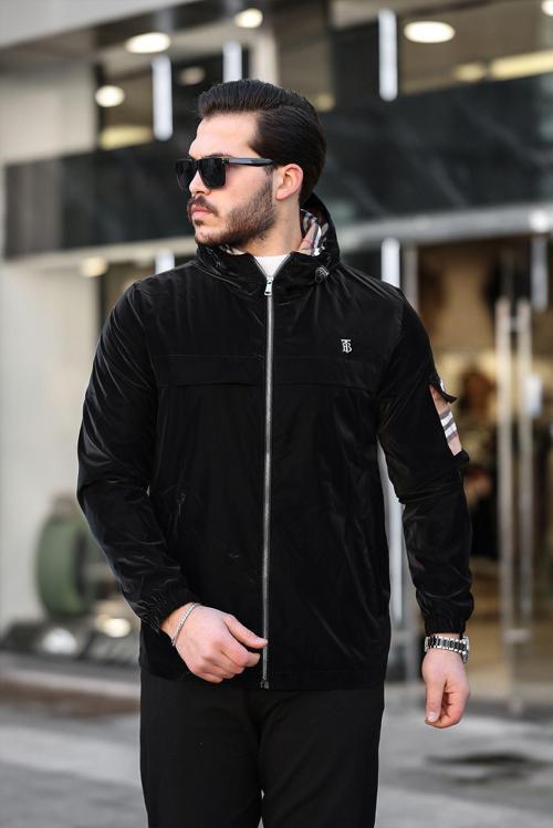 Kapüşonlu Kol Detaylı Mevsimlik Erkek Mont Siyah