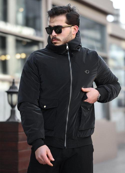 Elyaf Dolgulu Kapüşonlu Erkek Kışlık Mont Siyah