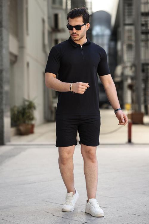 Polo Yaka Fermuarlı Tişört Ve Sort Takım Siyah