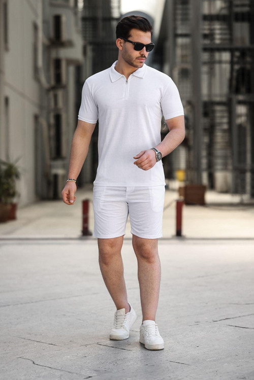 Polo Yaka Fermuarlı Tişört Ve Sort Takım Beyaz