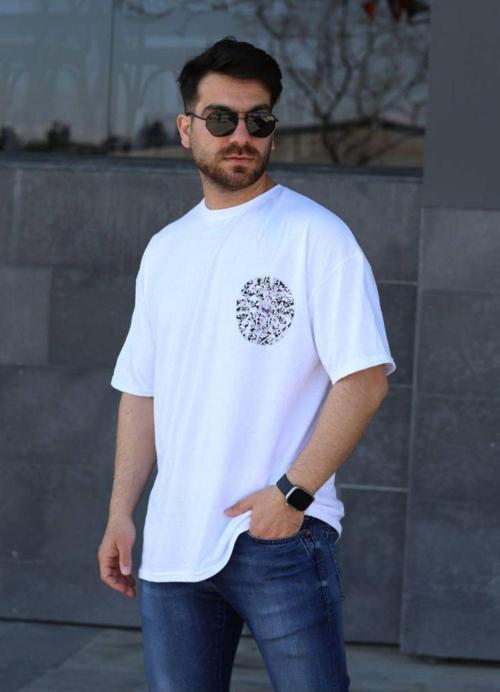 Baskılı Erkek Oversize Tişört Beyaz Parmak İzi