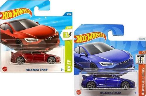 2 Araç Tesla Set - Hot Wheels Tesla Model S Plaid Bordo & Lacivert (1/64)