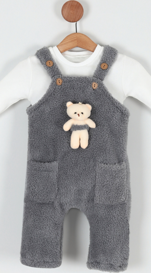 Unisex Bebek Ayıcıklı Peluş Salopet %100 Pamuk Penye Mevsimlik 2'li Takım