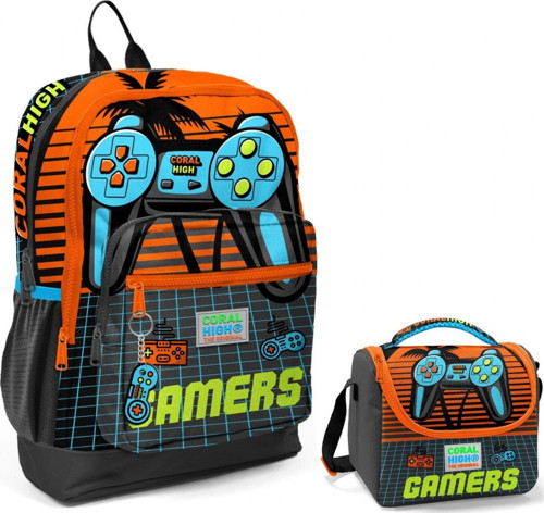 Turuncu Gamers Okul Sırt ve Beslenme Çantası Seti