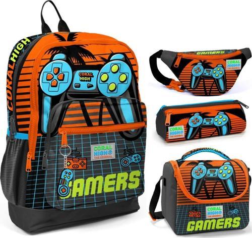 Turuncu Gamers Üçlü Okul Çantası ve Bel Çantası Seti