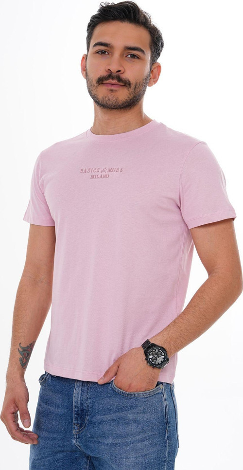 Erkek %100 Pamuklu Pembe Nakış Detaylı Bisiklet Yaka Tişört Pembe 2XL