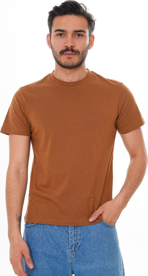 Erkek %100 Pamuklu Kahverengi Bisiklet Yaka Tişört Kahverengi 3XL