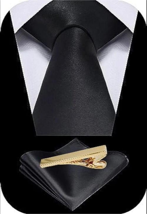 Erkek Saten Kravat Mendil Ve Gold Çelik Kravat İğne Set