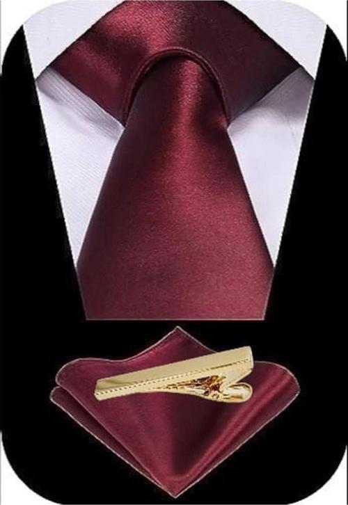 Erkek Saten Kravat Mendil Ve Gold Çelik Kravat İğne Set