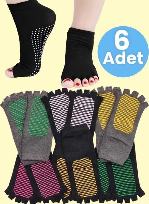 Kadın Bambu Parmaksız Kaydırmaz Taban 6'Lı Yoga Pilates Çorabı