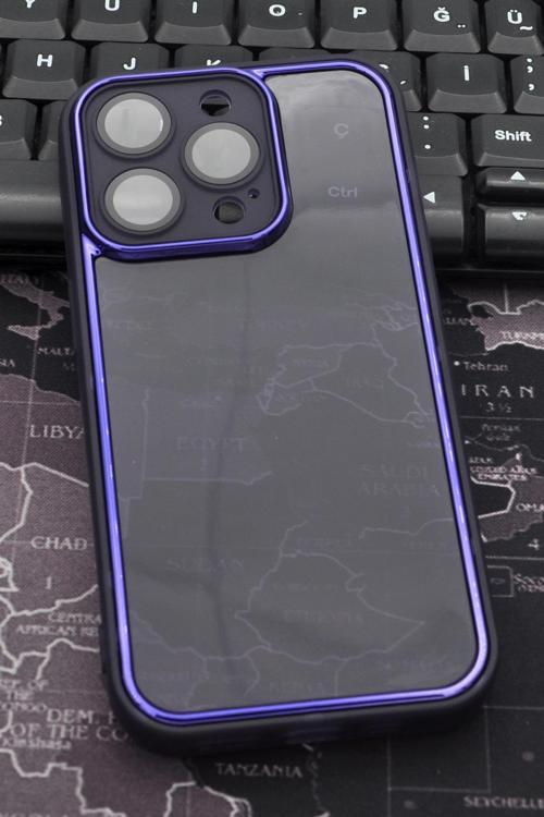 iPhone 14 Pro Uyumlu Mor Kenarlı Renkli Yarı Şeffaf Kapak Kılıf Kamera Lens Korumalı