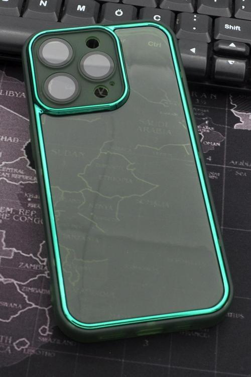 iPhone 13 Pro Max Uyumlu Yeşil Kenarlı Renkli Yarı Şeffaf Kapak Kılıf Kamera Lens Korumalı